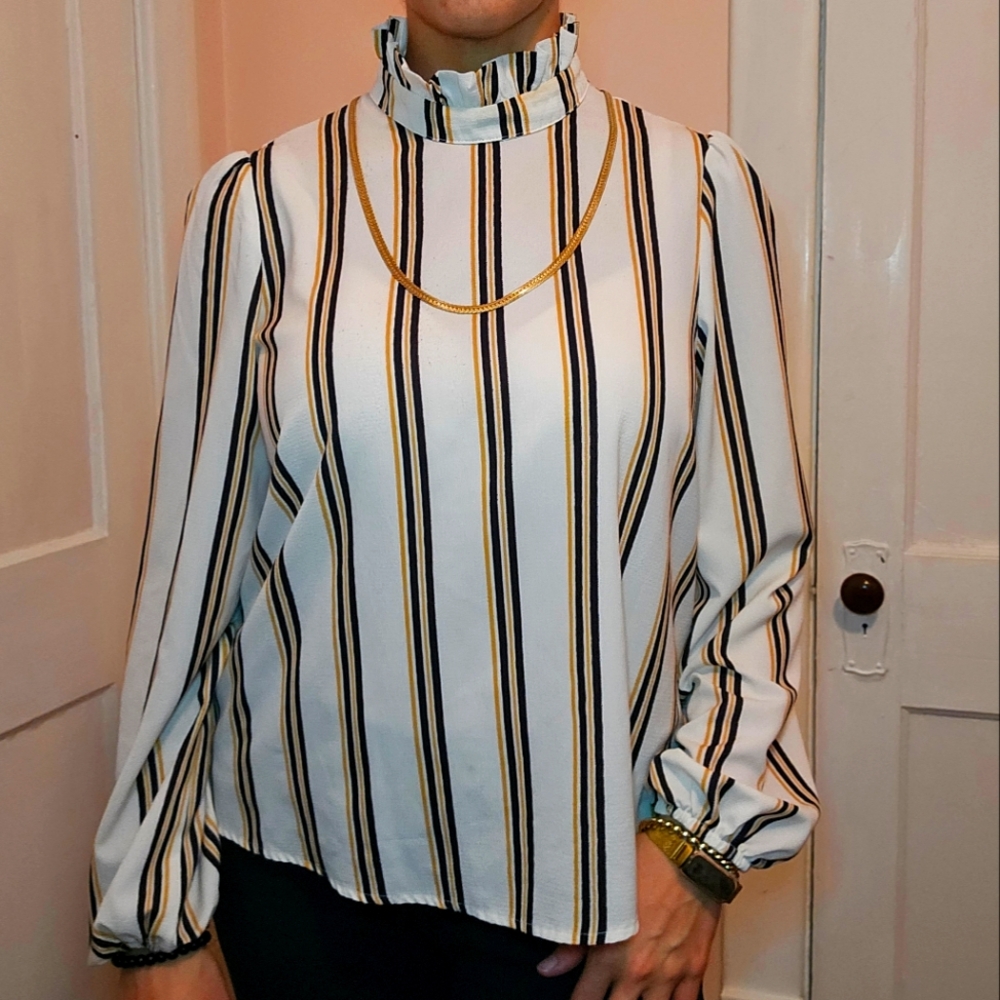 Striped Ruffle Neck Women's Top